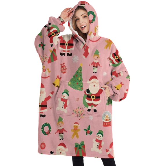 Oversized Wearable Blanket Hoodie,Pink Christmas Santa Pattern Sherpa Blanket Hoodie with Super Pockets,Super Warm Fuzzy Pullover for Women & Men
