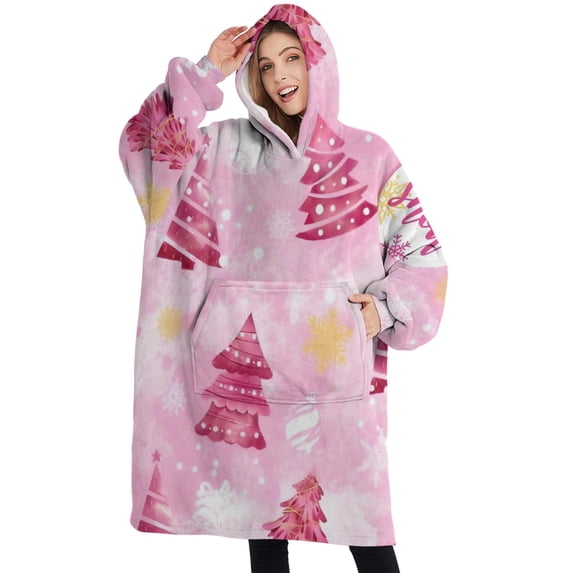Oversized Wearable Blanket Hoodie,Pink Christmas Tree Sherpa Blanket Hoodie with Super Pockets,Super Warm Fuzzy Pullover for Women & Men