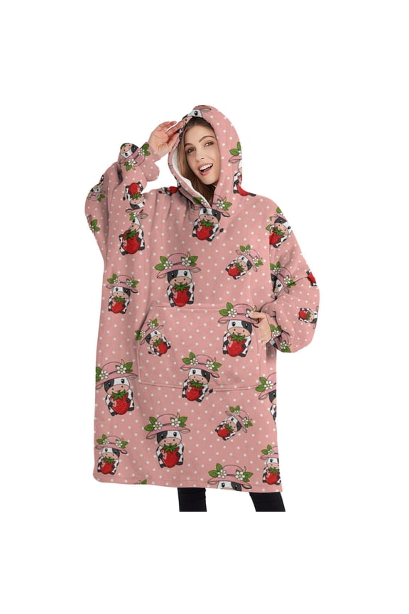 Oversized Wearable Blanket Hoodie,Pink Cow Strawberry Hat Pattern Sherpa Blanket Hoodie with Super Pockets,Super Warm Fuzzy Pullover for Women & Men