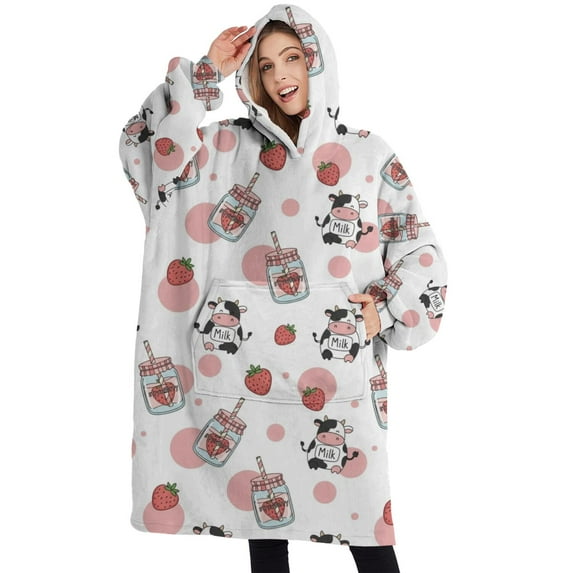Oversized Wearable Blanket Hoodie,Pink Cow Strawberry Jar Pattern Sherpa Blanket Hoodie with Super Pockets,Super Warm Fuzzy Pullover for Women & Men