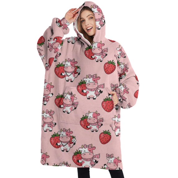 Oversized Wearable Blanket Hoodie,Pink Cow Strawberry Scarf Pattern Sherpa Blanket Hoodie with Super Pockets,Super Warm Fuzzy Pullover for Women & Men