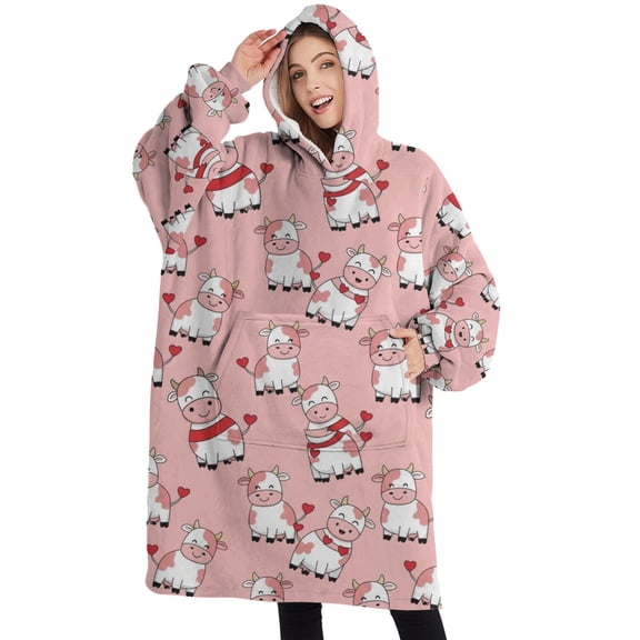 Oversized Wearable Blanket Hoodie,Pink Cow Sweater Pattern Sherpa Blanket Hoodie with Super Pockets,Super Warm Fuzzy Pullover for Women & Men