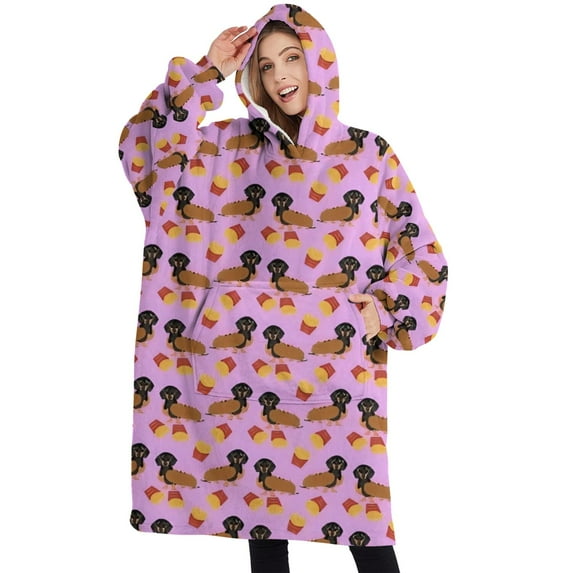 Oversized Wearable Blanket Hoodie,Pink Dachshund Chips Sherpa Blanket Hoodie with Super Pockets,Super Warm Fuzzy Pullover for Women & Men