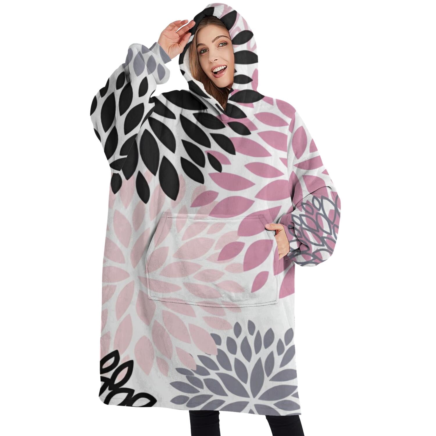 Oversized Wearable Blanket Hoodie,Pink Floral and Petal Pattern Sherpa Blanket Hoodie with Super Pockets,Super Warm Fuzzy Pullover for Women & Men