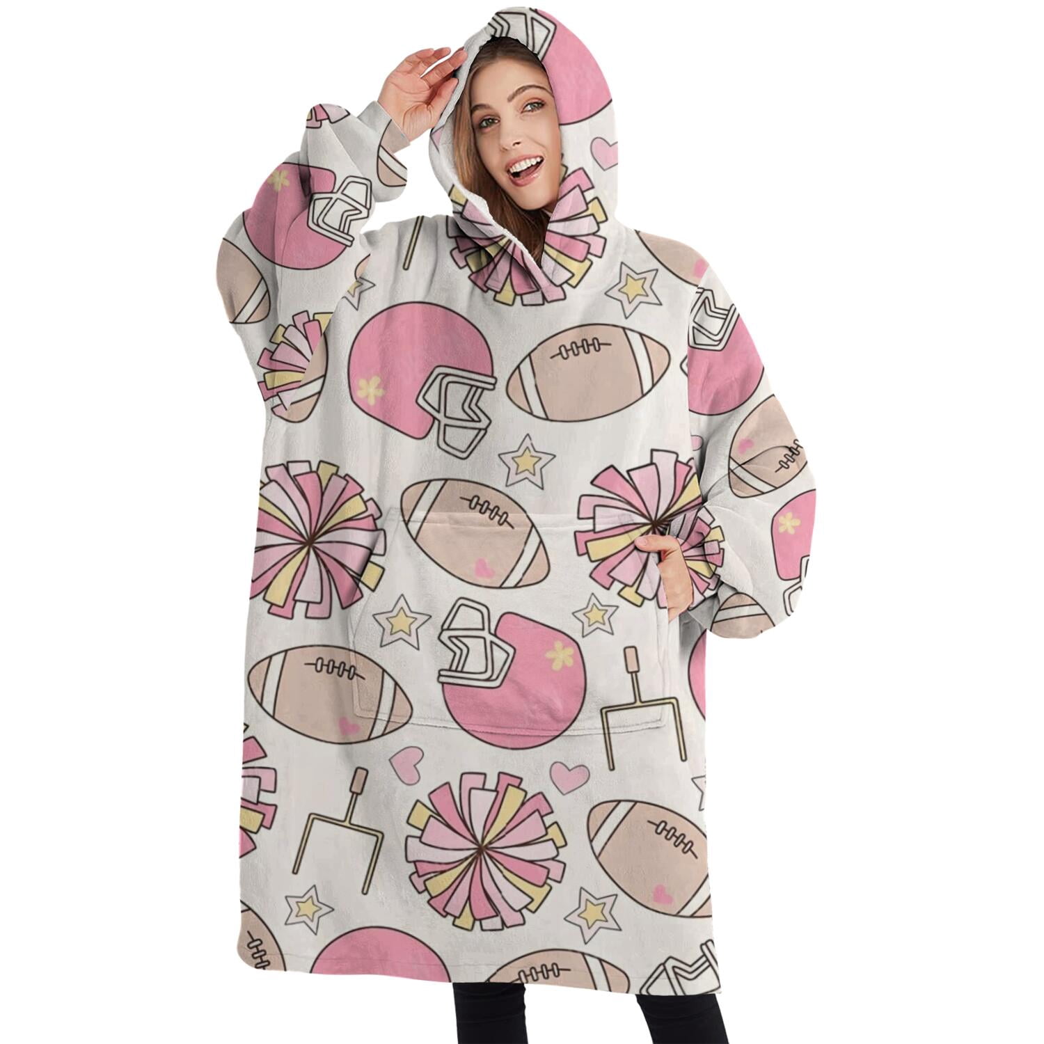 Oversized Wearable Blanket Hoodie,Pink Football Sherpa Blanket Hoodie with Super Pockets,Super Warm Fuzzy Pullover for Women & Men