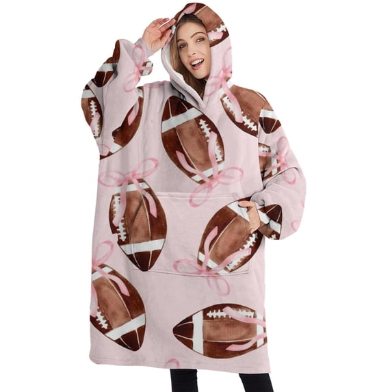 Oversized Wearable Blanket Hoodie,Pink Footballs with Bows Pattern Sherpa Blanket Hoodie with Super Pockets,Super Warm Fuzzy Pullover for Women & Men