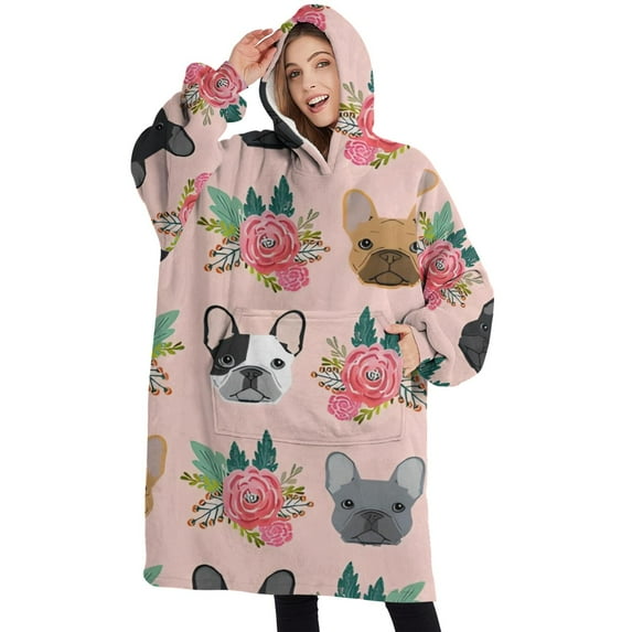 Oversized Wearable Blanket Hoodie,Pink French Bulldog Flowers Florals Sherpa Blanket Hoodie with Super Pockets,Super Warm Fuzzy Pullover for Women & Men