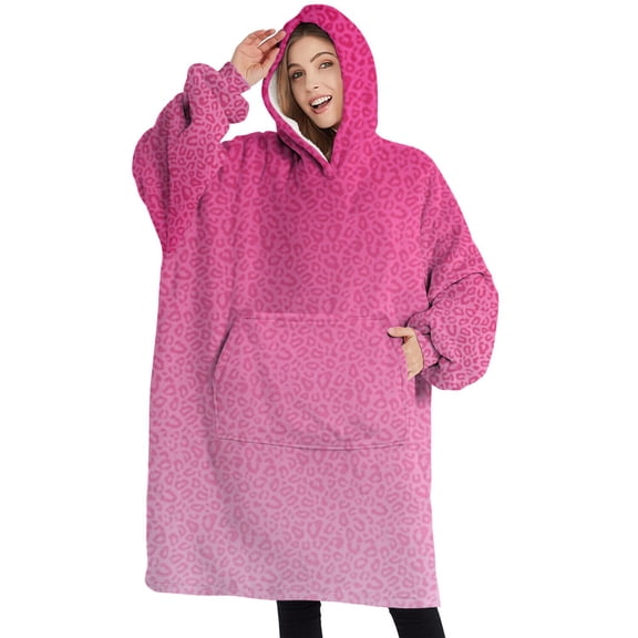 Oversized Wearable Blanket Hoodie,Pink Gradient Leopard Print Sherpa Blanket Hoodie with Super Pockets,Super Warm Fuzzy Pullover for Women & Men