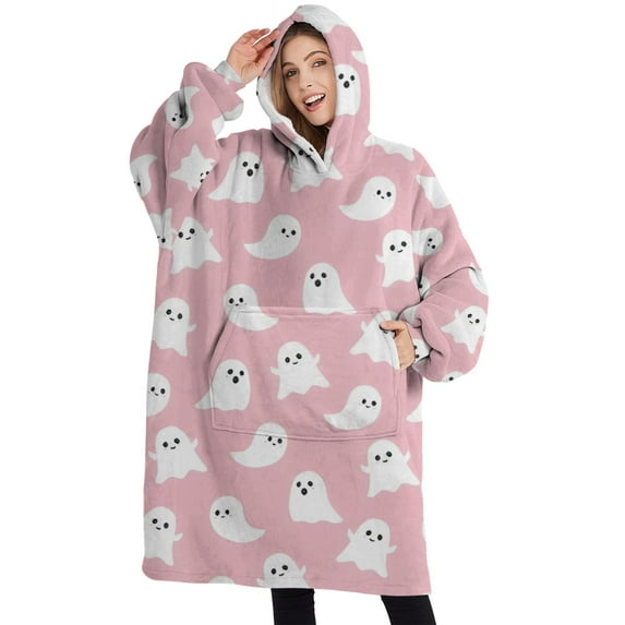 Oversized Wearable Blanket Hoodie,Pink Halloween Ghosts Sherpa Blanket Hoodie with Super Pockets,Super Warm Fuzzy Pullover for Women & Men