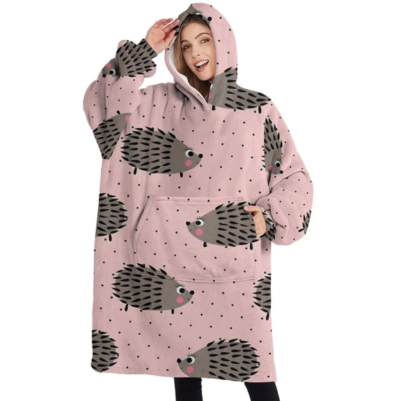 Oversized Wearable Blanket Hoodie,Pink Hedgehog Pattern Sherpa Blanket Hoodie with Super Pockets,Super Warm Fuzzy Pullover for Women & Men