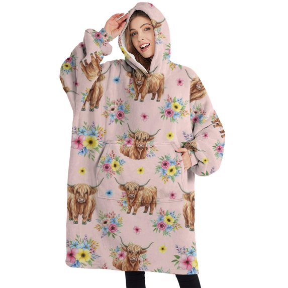 Oversized Wearable Blanket Hoodie,Pink Highland Cow Flower Pattern Sherpa Blanket Hoodie with Super Pockets,Super Warm Fuzzy Pullover for Women & Men