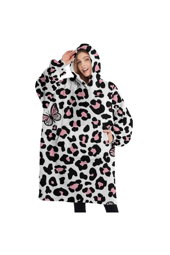 Oversized Wearable Blanket Hoodie,Pink Leopard Butterfly Pattern Sherpa Blanket Hoodie with Super Pockets,Super Warm Fuzzy Pullover for Women & Men