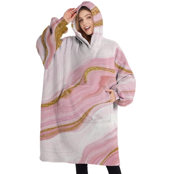 Oversized Wearable Blanket Hoodie,Pink Marble Gold Line Pattern Sherpa Blanket Hoodie with Super Pockets,Super Warm Fuzzy Pullover for Women & Men