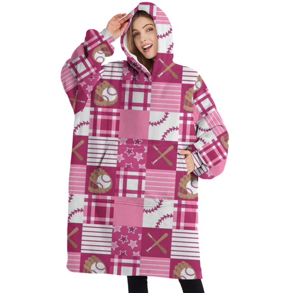 Oversized Wearable Blanket Hoodie,Pink Plaid Baseball Pattern Sherpa Blanket Hoodie with Super Pockets,Super Warm Fuzzy Pullover for Women & Men