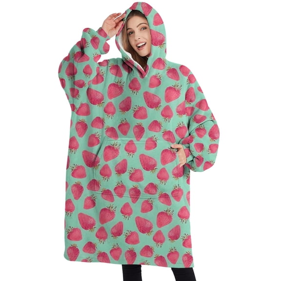 Oversized Wearable Blanket Hoodie,Pink Strawberry Plants Fruit Green Pattern Sherpa Blanket Hoodie with Super Pockets,Super Warm Fuzzy Pullover for Women & Men