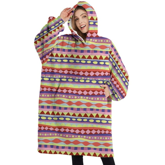 Oversized Wearable Blanket Hoodie,Pink Striped Geometric Pattern Sherpa Blanket Hoodie with Super Pockets,Super Warm Fuzzy Pullover for Women & Men