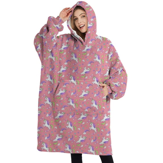 Oversized Wearable Blanket Hoodie,Pink Unicorn Heart Crescent Pattern Sherpa Blanket Hoodie with Super Pockets,Super Warm Fuzzy Pullover for Women & Men