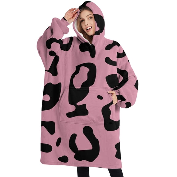 Oversized Wearable Blanket Hoodie,Pink and Black Of Leopard Print Sherpa Blanket Hoodie with Super Pockets,Super Warm Fuzzy Pullover for Women & Men