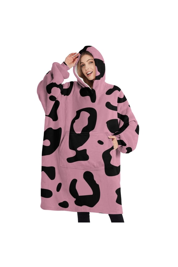 Oversized Wearable Blanket Hoodie,Pink and Black Of Leopard Print Sherpa Blanket Hoodie with Super Pockets,Super Warm Fuzzy Pullover for Women & Men