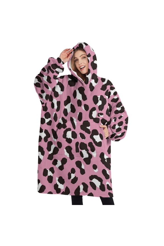 Oversized Wearable Blanket Hoodie,Pink and Black Of Leopard Print Sherpa Blanket Hoodie with Super Pockets,Super Warm Fuzzy Pullover for Women & Men