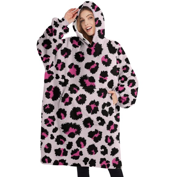 Oversized Wearable Blanket Hoodie,Pink and Black Of Leopard Print Sherpa Blanket Hoodie with Super Pockets,Super Warm Fuzzy Pullover for Women & Men