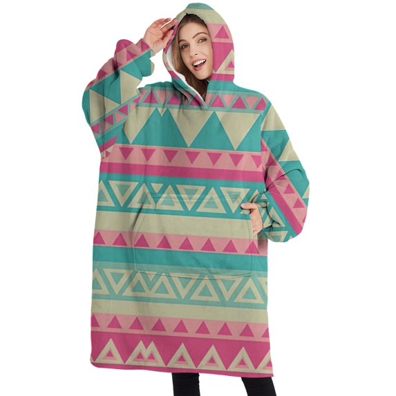 Oversized Wearable Blanket Hoodie,Pink and Blue Triangle Pattern Sherpa Blanket Hoodie with Super Pockets,Super Warm Fuzzy Pullover for Women & Men