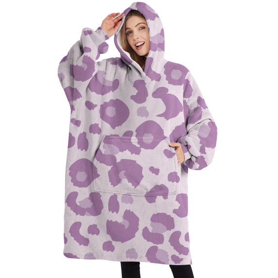 Oversized Wearable Blanket Hoodie,Pink and Purple Of Leopard Print Sherpa Blanket Hoodie with Super Pockets,Super Warm Fuzzy Pullover for Women & Men
