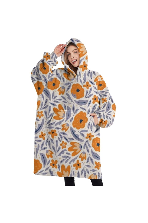 Oversized Wearable Blanket Hoodie,Pioneer Flower Floral Print Pattern Sherpa Blanket Hoodie with Super Pockets,Super Warm Fuzzy Pullover for Women & Men
