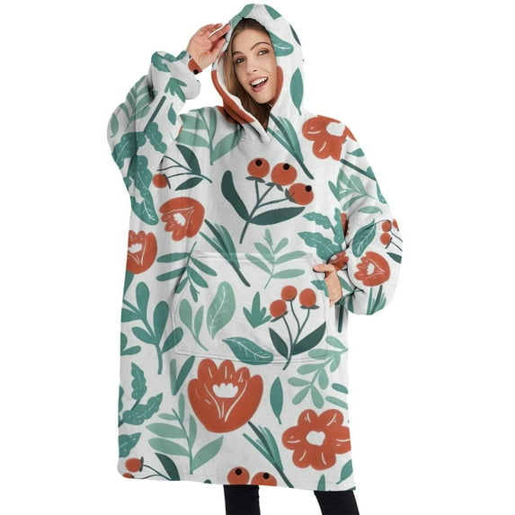Oversized Wearable Blanket Hoodie,Pioneer Flower Floral Print Pattern Sherpa Blanket Hoodie with Super Pockets,Super Warm Fuzzy Pullover for Women & Men