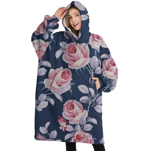 Oversized Wearable Blanket Hoodie,Pioneer Flower Floral Print Pattern Sherpa Blanket Hoodie with Super Pockets,Super Warm Fuzzy Pullover for Women & Men