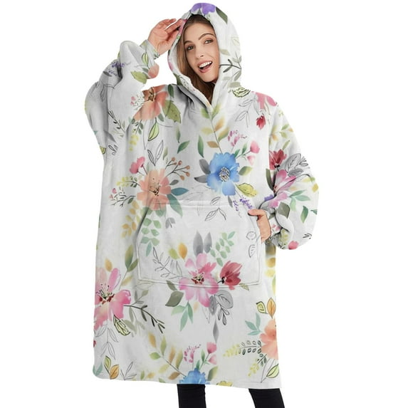 Oversized Wearable Blanket Hoodie,Pioneer Flower Floral Print Pattern Sherpa Blanket Hoodie with Super Pockets,Super Warm Fuzzy Pullover for Women & Men