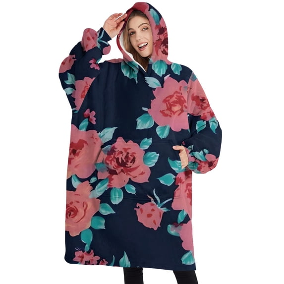 Oversized Wearable Blanket Hoodie,Pioneer Flower Floral Print Pattern Sherpa Blanket Hoodie with Super Pockets,Super Warm Fuzzy Pullover for Women & Men