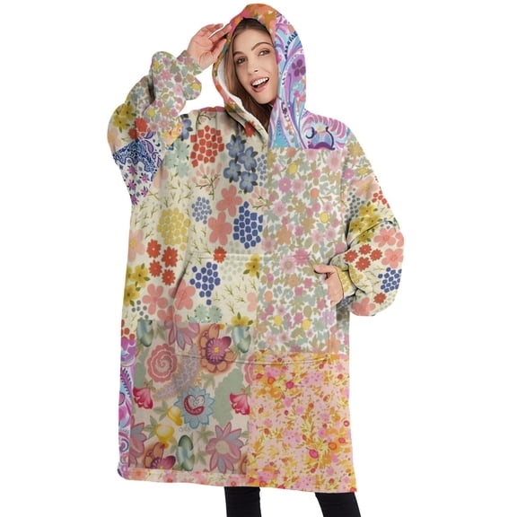 Oversized Wearable Blanket Hoodie,Pioneer Flower Floral Print Pattern Sherpa Blanket Hoodie with Super Pockets,Super Warm Fuzzy Pullover for Women & Men