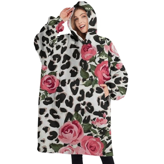 Oversized Wearable Blanket Hoodie,Pioneer Flower Floral Print Pattern Sherpa Blanket Hoodie with Super Pockets,Super Warm Fuzzy Pullover for Women & Men