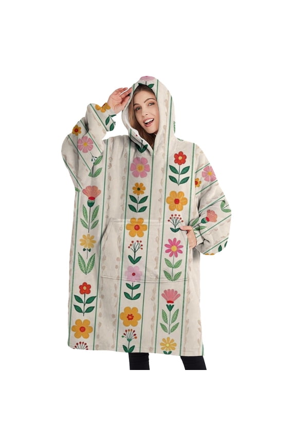Oversized Wearable Blanket Hoodie,Pioneer Flower Floral Print Pattern Sherpa Blanket Hoodie with Super Pockets,Super Warm Fuzzy Pullover for Women & Men