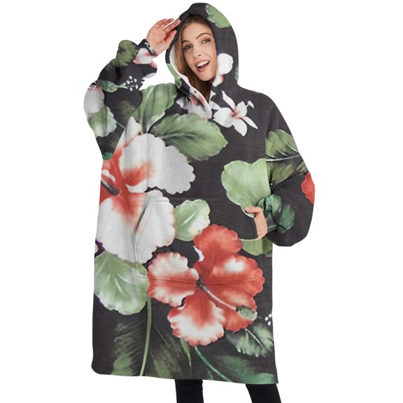 Oversized Wearable Blanket Hoodie,Pioneer Flower Floral Print Pattern Sherpa Blanket Hoodie with Super Pockets,Super Warm Fuzzy Pullover for Women & Men