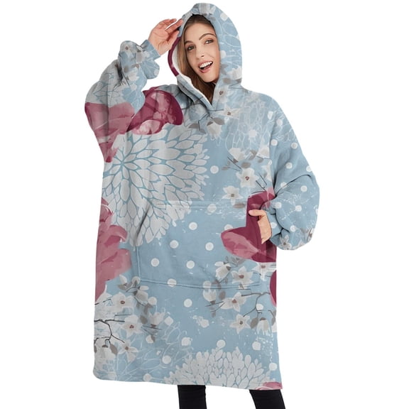 Oversized Wearable Blanket Hoodie,Pioneer Flower Floral Print Pattern Sherpa Blanket Hoodie with Super Pockets,Super Warm Fuzzy Pullover for Women & Men
