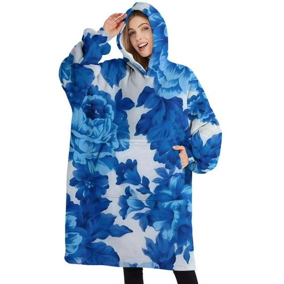 Oversized Wearable Blanket Hoodie,Pioneer Flower Floral Print Pattern Sherpa Blanket Hoodie with Super Pockets,Super Warm Fuzzy Pullover for Women & Men