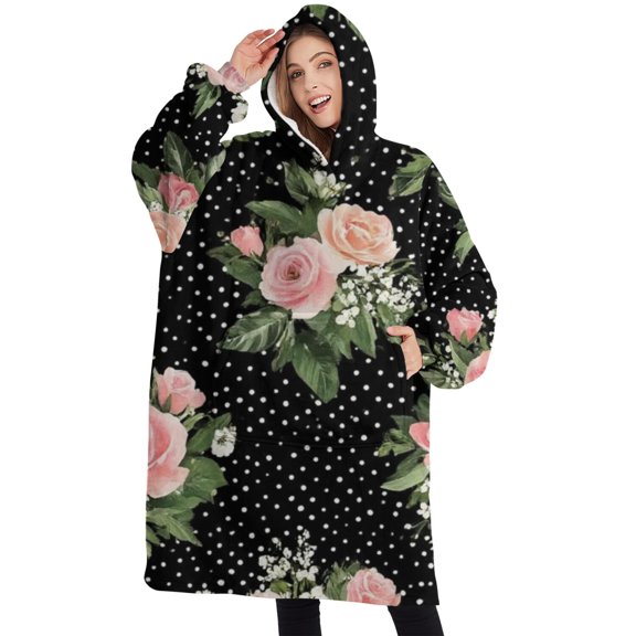 Oversized Wearable Blanket Hoodie,Pioneer Flower Floral Print Pattern Sherpa Blanket Hoodie with Super Pockets,Super Warm Fuzzy Pullover for Women & Men