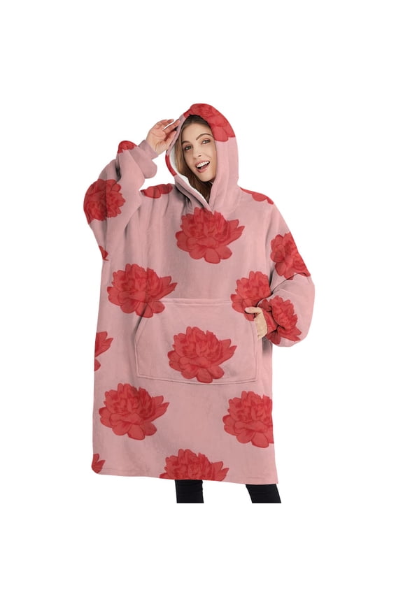 Oversized Wearable Blanket Hoodie,Pioneer Flower Floral Print Pattern Sherpa Blanket Hoodie with Super Pockets,Super Warm Fuzzy Pullover for Women & Men