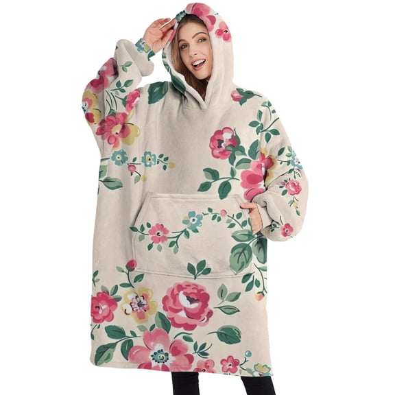 Oversized Wearable Blanket Hoodie,Pioneer Flower Floral Print Pattern Sherpa Blanket Hoodie with Super Pockets,Super Warm Fuzzy Pullover for Women & Men