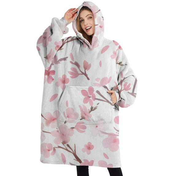 Oversized Wearable Blanket Hoodie,Pioneer Flower Floral Print Pattern Sherpa Blanket Hoodie with Super Pockets,Super Warm Fuzzy Pullover for Women & Men