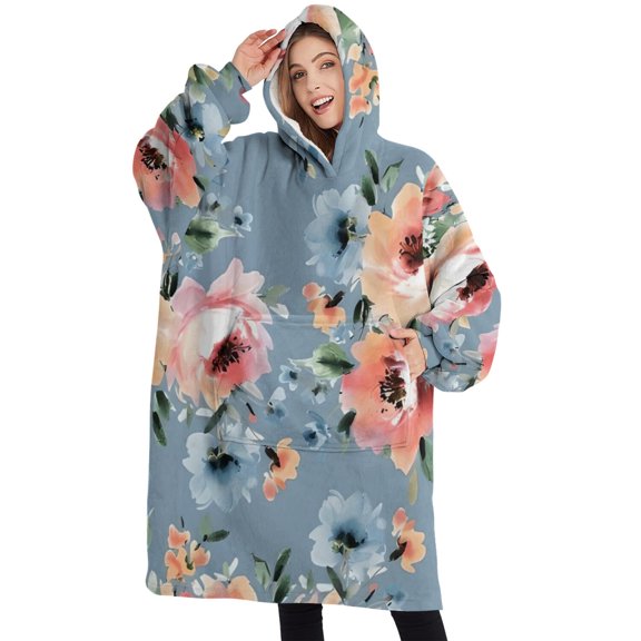 Oversized Wearable Blanket Hoodie,Pioneer Flower Floral Print Pattern Sherpa Blanket Hoodie with Super Pockets,Super Warm Fuzzy Pullover for Women & Men