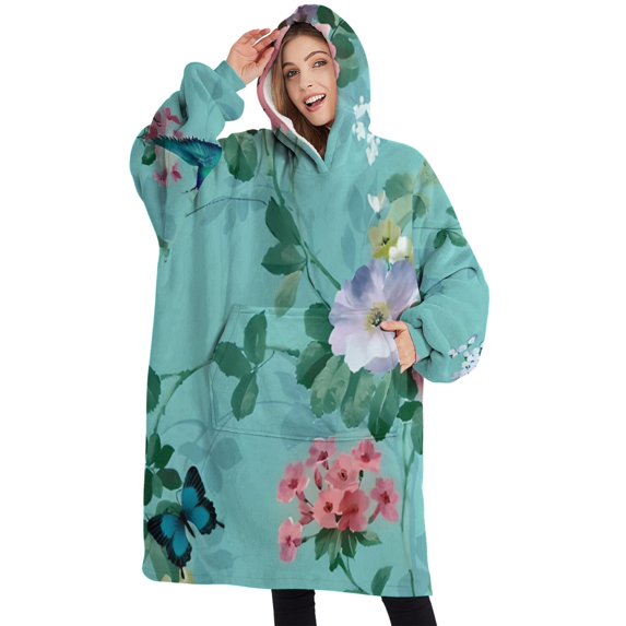 Oversized Wearable Blanket Hoodie,Pioneer Flower Floral Print Pattern Sherpa Blanket Hoodie with Super Pockets,Super Warm Fuzzy Pullover for Women & Men