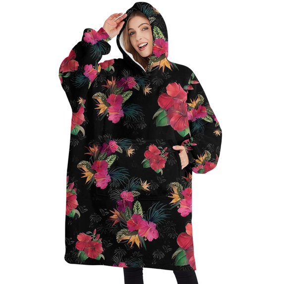 Oversized Wearable Blanket Hoodie,Pioneer Flower Floral Print Pattern Sherpa Blanket Hoodie with Super Pockets,Super Warm Fuzzy Pullover for Women & Men