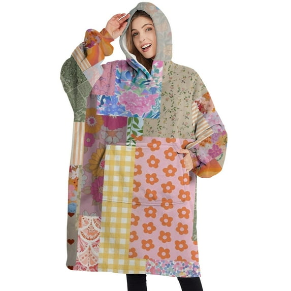 Oversized Wearable Blanket Hoodie,Pioneer Flower Floral Print Pattern Sherpa Blanket Hoodie with Super Pockets,Super Warm Fuzzy Pullover for Women & Men