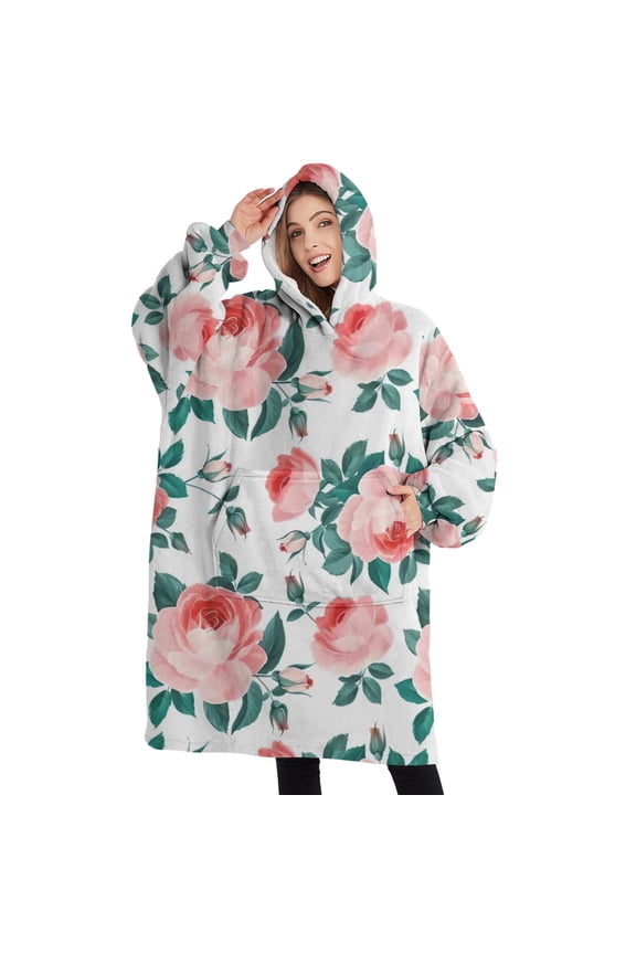Oversized Wearable Blanket Hoodie,Pioneer Flower Floral Print Pattern Sherpa Blanket Hoodie with Super Pockets,Super Warm Fuzzy Pullover for Women & Men