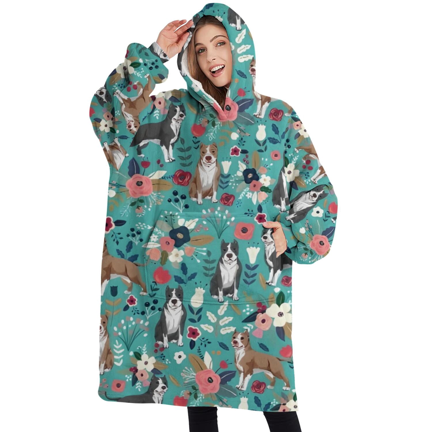 Oversized Wearable Blanket Hoodie,Pitbull Dog and Flower Floral Sherpa Blanket Hoodie with Super Pockets,Super Warm Fuzzy Pullover for Women & Men