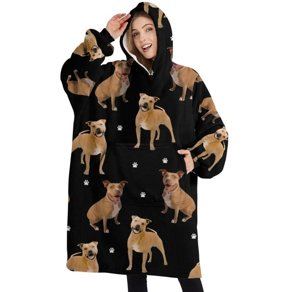 Oversized Wearable Blanket Hoodie,Pitbull Dog and Footprint Sherpa Blanket Hoodie with Super Pockets,Super Warm Fuzzy Pullover for Women & Men