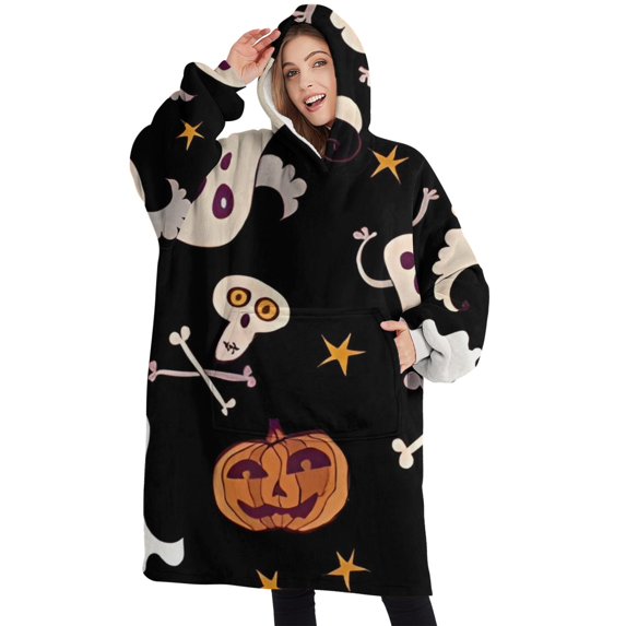 Oversized Wearable Blanket Hoodie,Playful Halloween Ghosts Pattern Sherpa Blanket Hoodie with Super Pockets,Super Warm Fuzzy Pullover for Women & Men